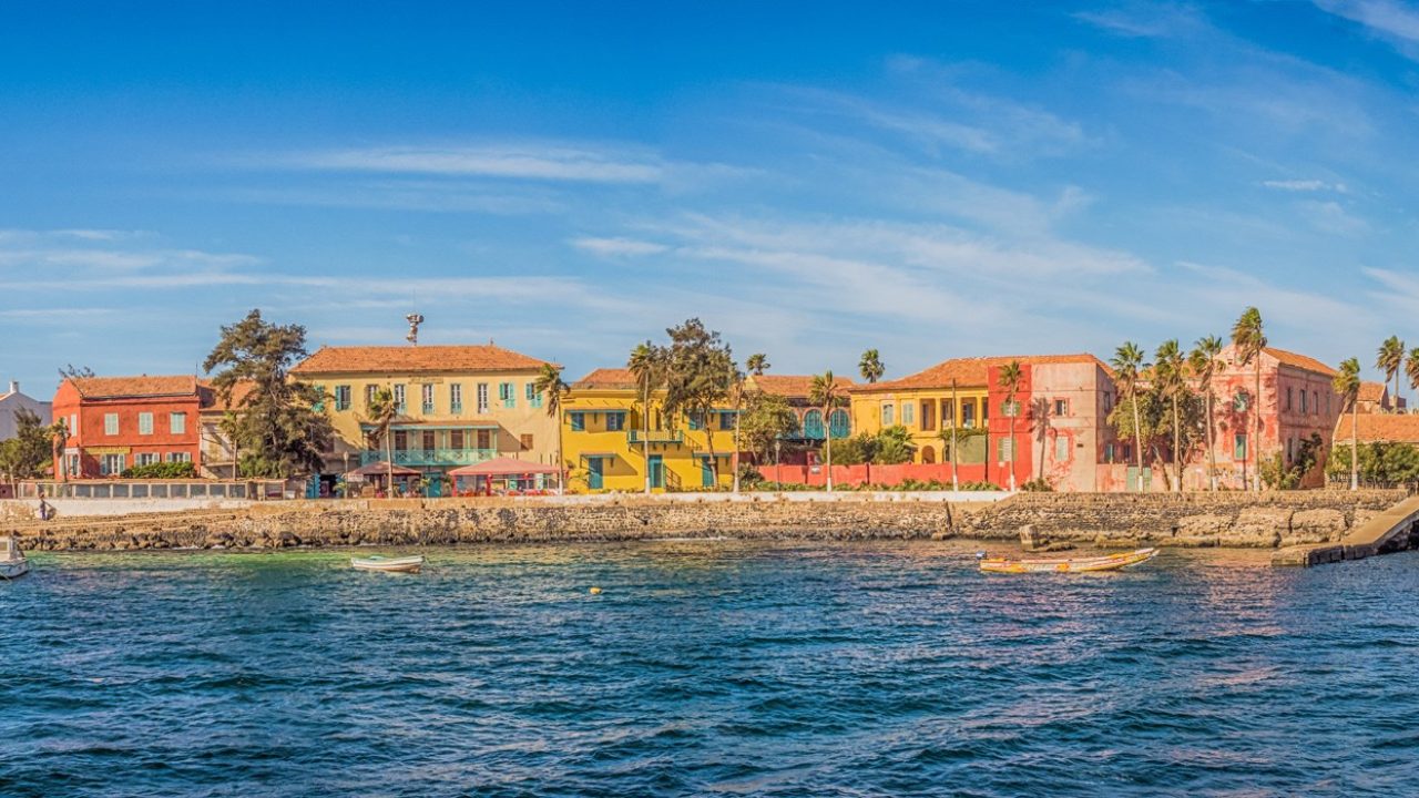 Panoramic view of island Goree with colorful houses and fort. Gorée. Dakar, Senegal. Africa.